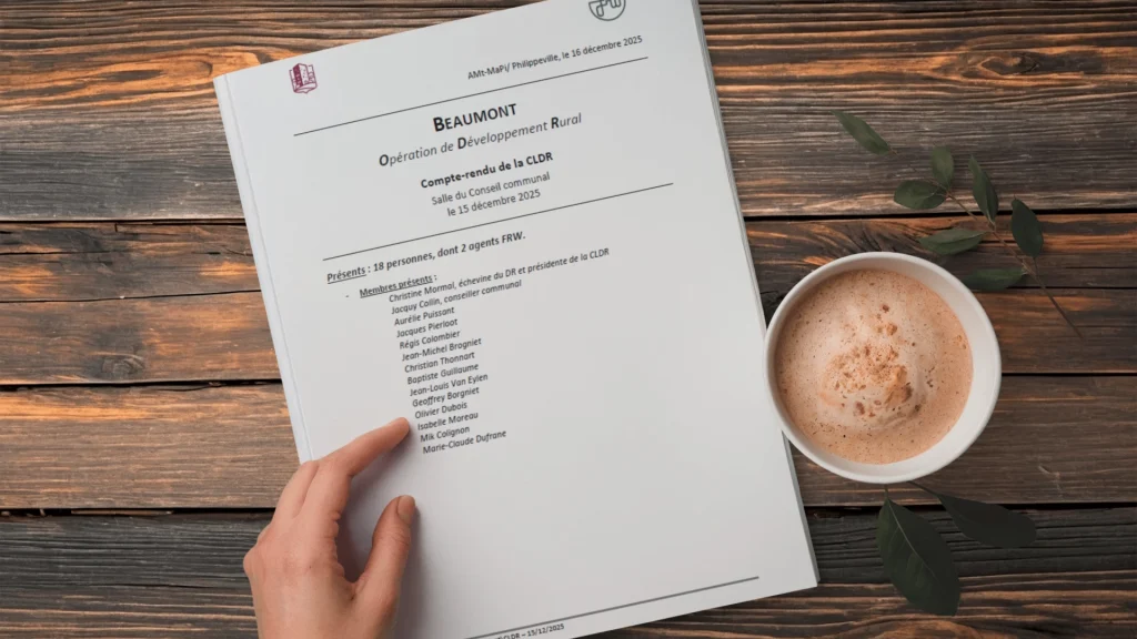 Main tenant un document administratif posé sur une table en bois, à côté d’une tasse de café.