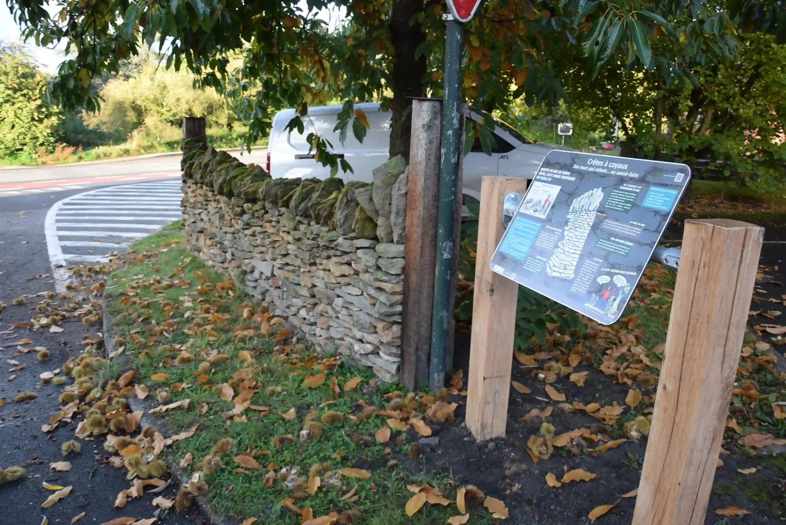 Panneau d’information touristique installé le long d’un muret en pierres sèches, au bord d’une route bordée d’arbres et couverte de feuilles d’automne