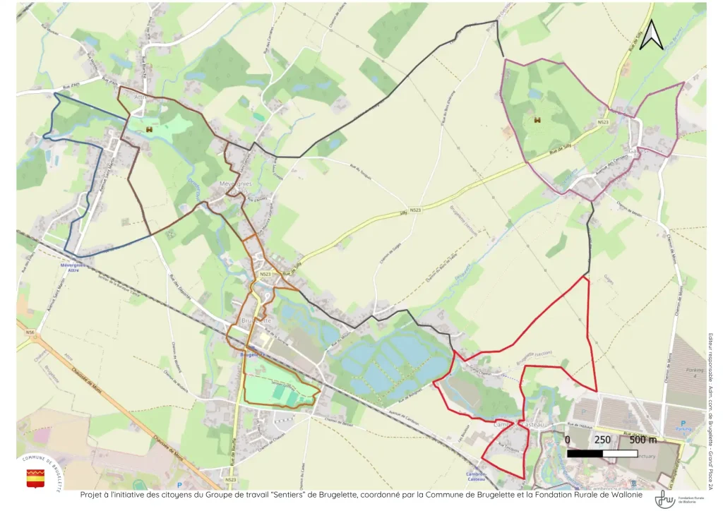 Carte de Brugelette, reprenant les différents trajets de balade