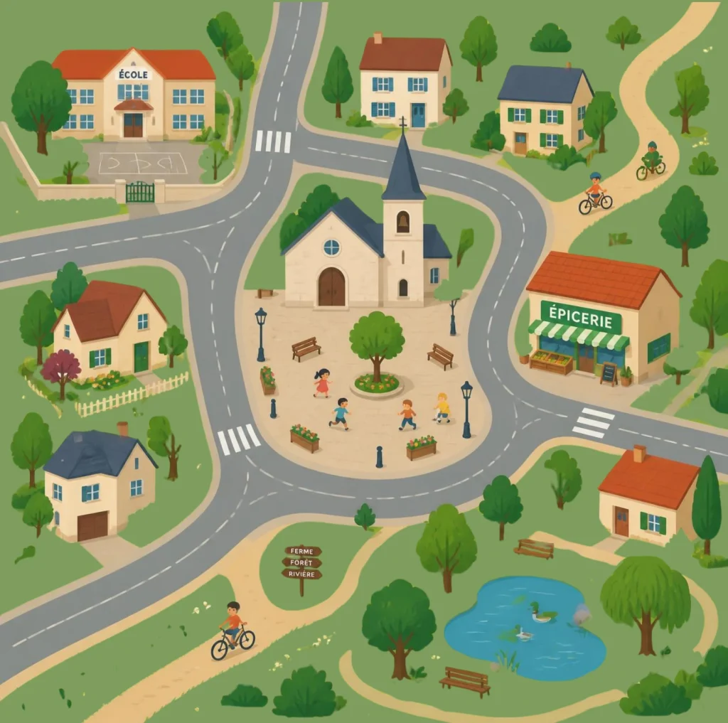 Dessin d'un plan de village avec route, place, église, écoles, vélos qui roulent, etc