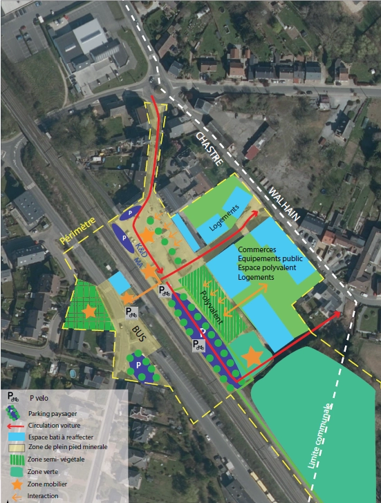 Carte vue du ciel du quartier de la gare avec dessin du projet projeté