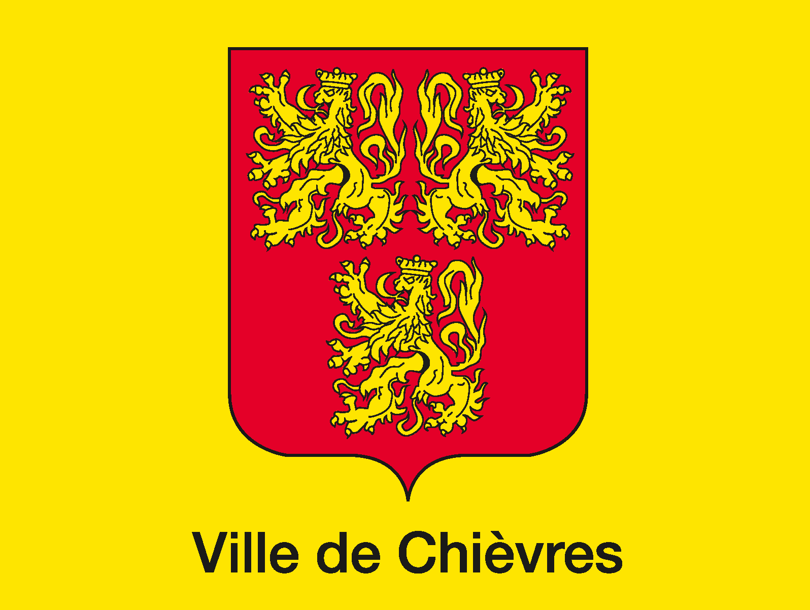 blason de la ville de Chièvres : De gueules à trois lions couronnés d'or, les deux en chef adossés