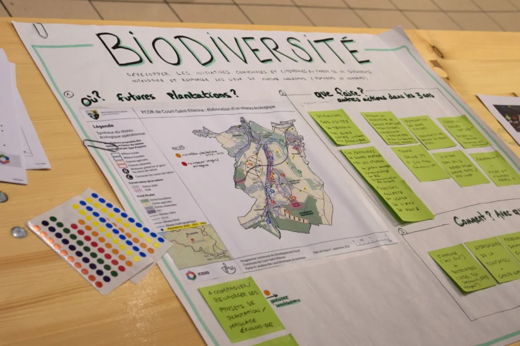 Panneau avec des idées de projets concernant la biodiversité à Court-Saint-Etienne