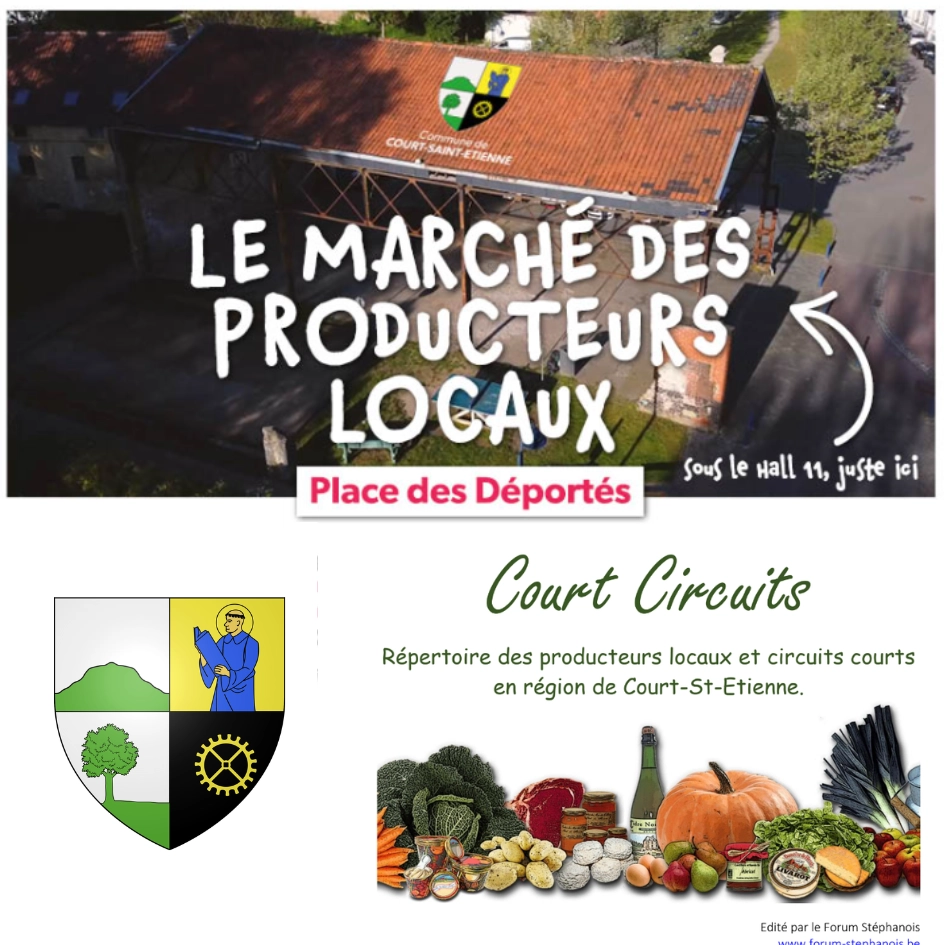 Photo d'un marché couvert sur lequel est indiqué "Le marché des producteurs locaux", le logo de Court-Saint-Etienne