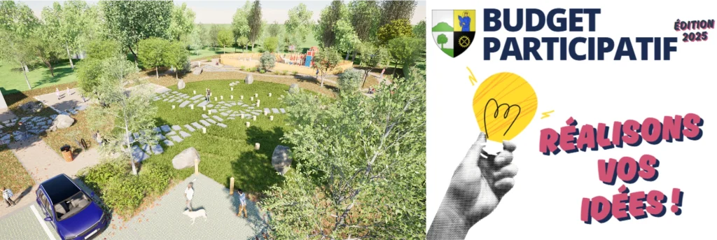 Image composée de deux parties :
À gauche, une vue 3D d’un espace public aménagé avec pelouses, arbres, allées pavées, zones de jeux pour enfants et quelques personnes se promenant ou courant. Une voiture bleue est stationnée au bord de l’aménagement. L’ensemble présente un environnement vert et convivial.
À droite, un visuel de communication avec le texte « Budget participatif – Édition 2025 » accompagné d’icônes et d’un dessin d’ampoule tenue par une main. En dessous, le slogan « Réalisons vos idées ! » apparaît en lettres rose et bleu.