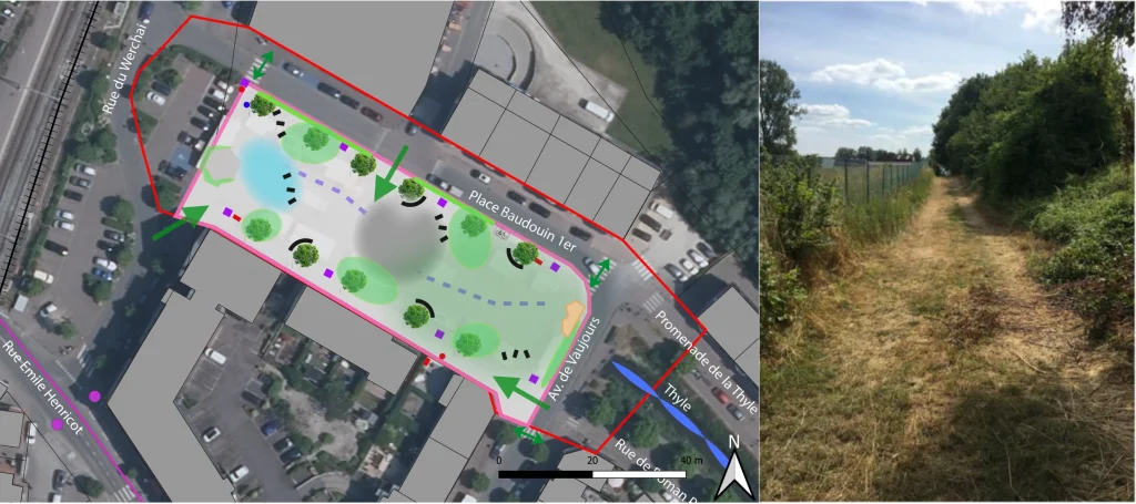 Image composée de deux parties :
À gauche, un plan d’aménagement urbain vu du dessus. On y voit une place rectangulaire entourée de rues, avec différents éléments représentés : zones végétalisées en vert, chemins piétons en pointillés, arbres, bancs, points d’eau ou bassins colorés en bleu, ainsi que des limites et annotations techniques. La zone est bordée de bâtiments, parkings et routes.
À droite, une photo d’un chemin rural bordé de végétation : un sentier de terre sèche s’étire en ligne droite, entouré de buissons et d’arbres, avec une clôture métallique à droite. Le ciel est bleu avec quelques nuages.