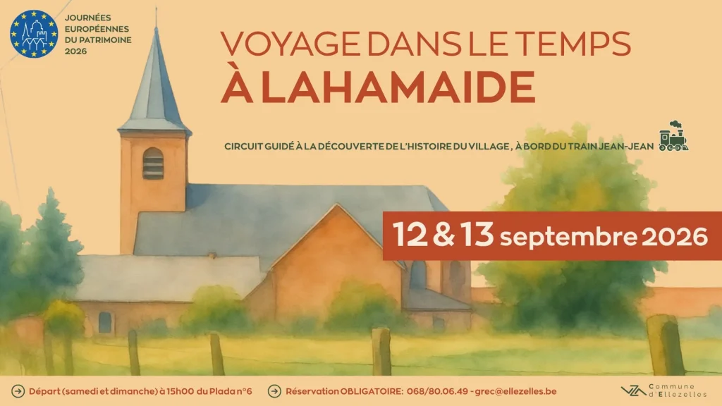 affiche avec une église et un cadre bucolique annonçant l'activité "voyage dans le temps à Lahamaide" prévu pour les journées du patrimoine