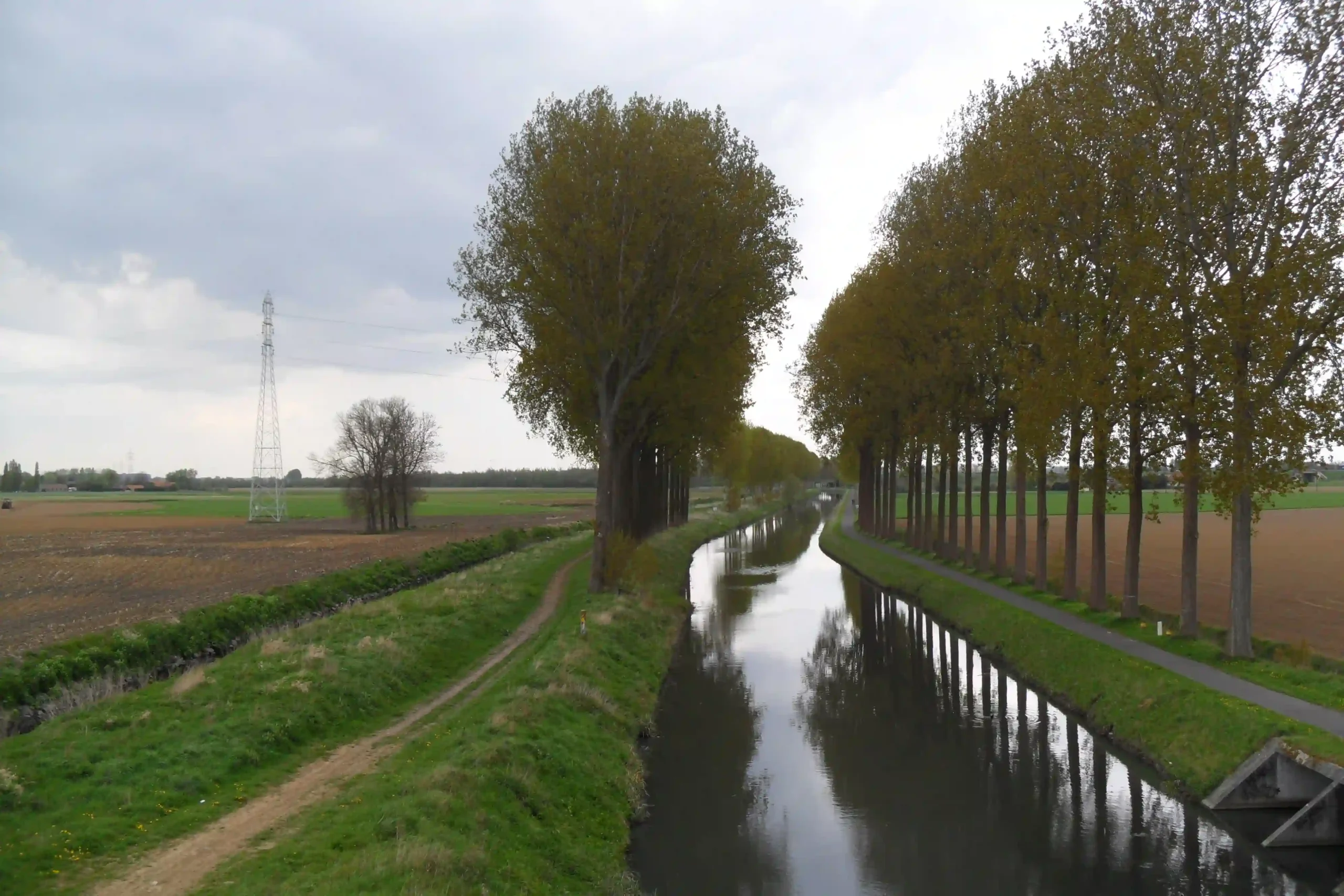 Canal bordé d’arbres alignés avec chemin de promenade au cœur de paysages agricoles.