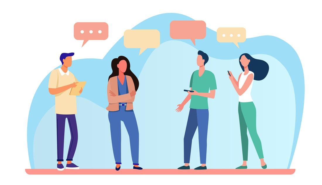 Illustration de personnes échangeant avec bulles de dialogue, symbole de communication.