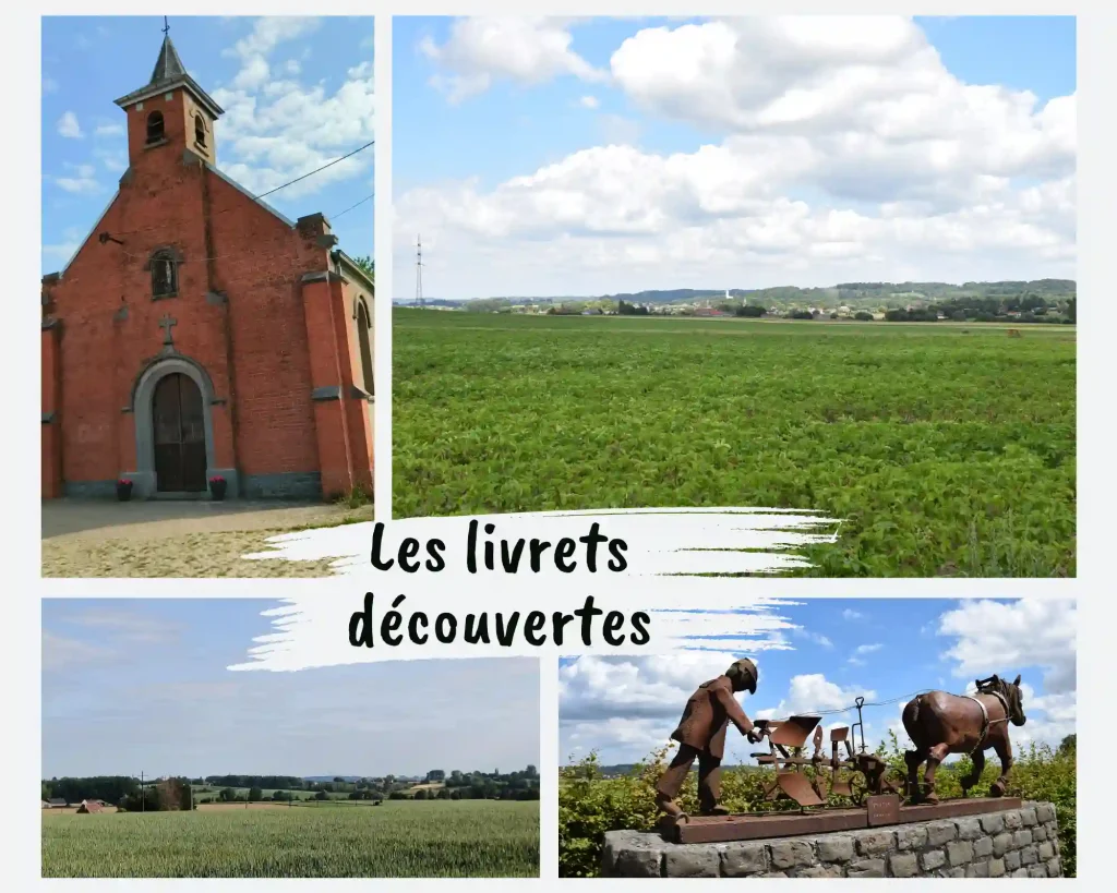 Montage photo avec le texte "livrets découvertes" En haut à gauche : une église En haut à droite et en bas à gauche : du paysage En bas à droite : une sculpture représentant un cheval de trait et un fermier