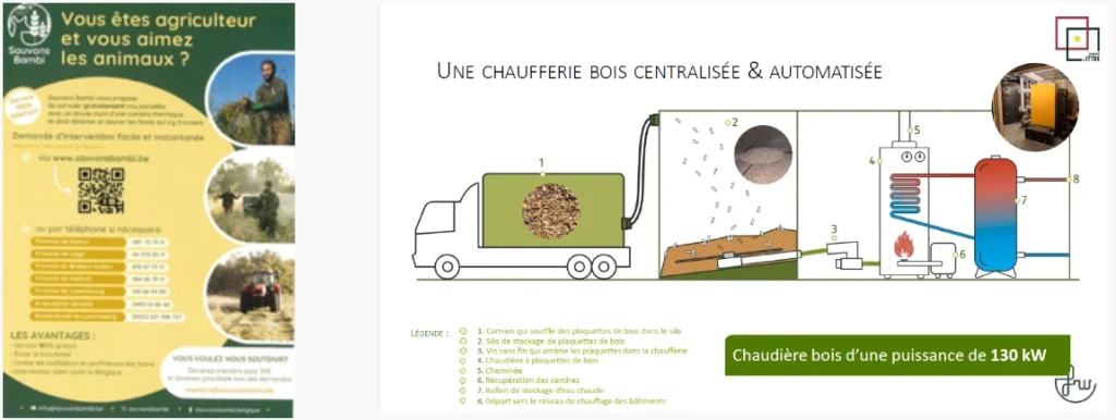 2 images : un flyer informations sur le sauvetage des faons dans les champs avant la fauche et un schema du fonctionnement d'une chaufferie bois