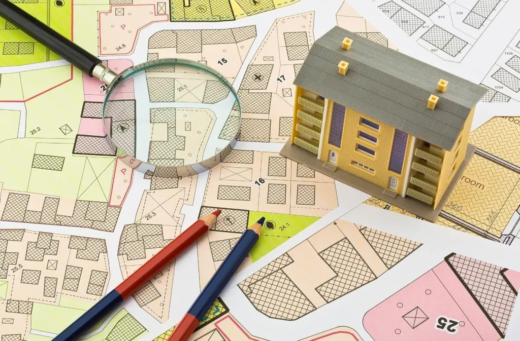 photo d'un plan cadastral avec une loupe, un petit bâtiment et des crayons posés dessus