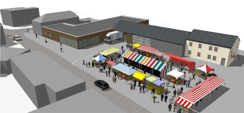 Simulation 3D de ce que sera l'atelier rural. Un bâtiment en "S" constitué de 3 zones distinctes permettant de dégager une place à l'avant qui pourra servir pour installer un marché