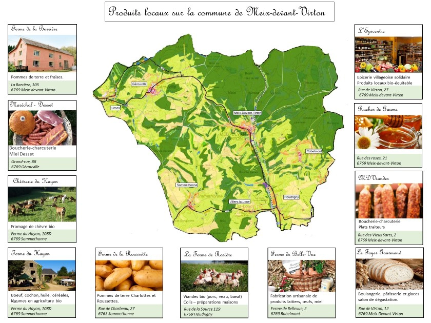 Carte des produits locaux comprenant la carte de la Commune et la localisation via petites illustrations de tous les producteurs locaux