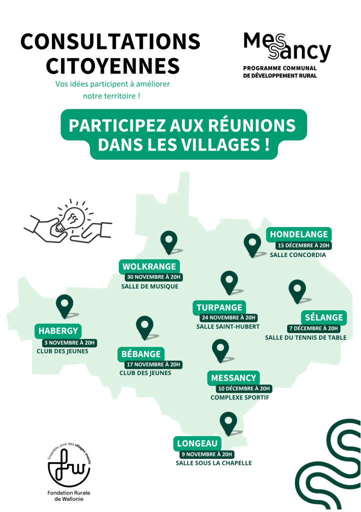 image reprenant une carte de la commune avec placés les villages et les dates des infos-consultations prévues entre novembre et décembre