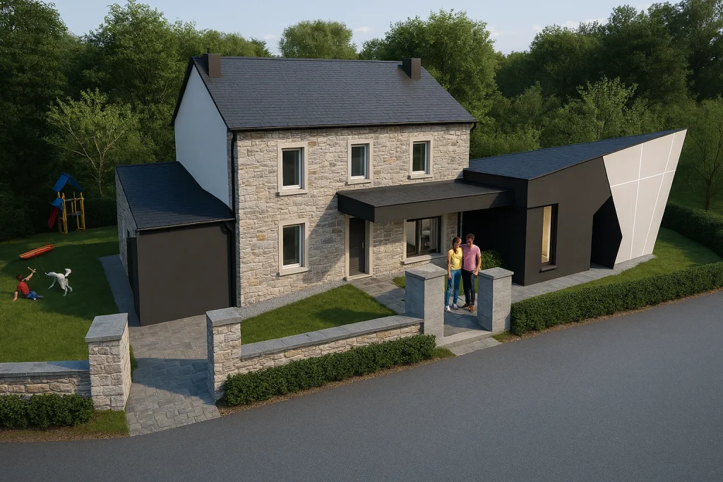 Esquisse de la façade avant de la future maison de village de Montplainchamps, proposée dans le cadre de la fiche-projet