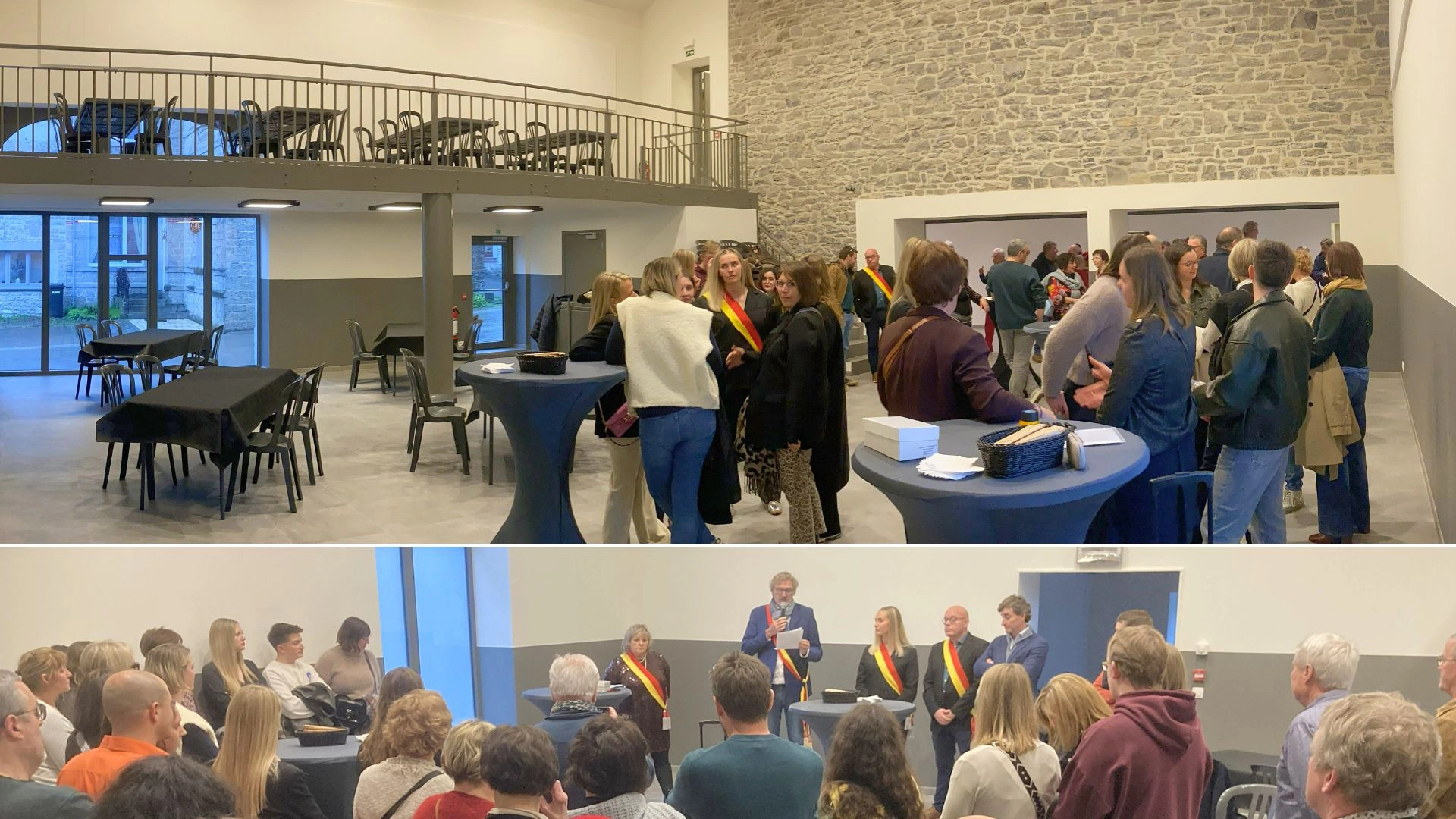 Collage de deux photos prises lors de l’inauguration de la Maison de village de Falaen. La première image montre une grande salle rénovée avec des murs en pierre, une mezzanine et plusieurs tables hautes autour desquelles se rassemblent des personnes. La seconde image montre un groupe de personnes assises face à un espace de prise de parole où plusieurs intervenants se tiennent debout lors du discours officiel.
