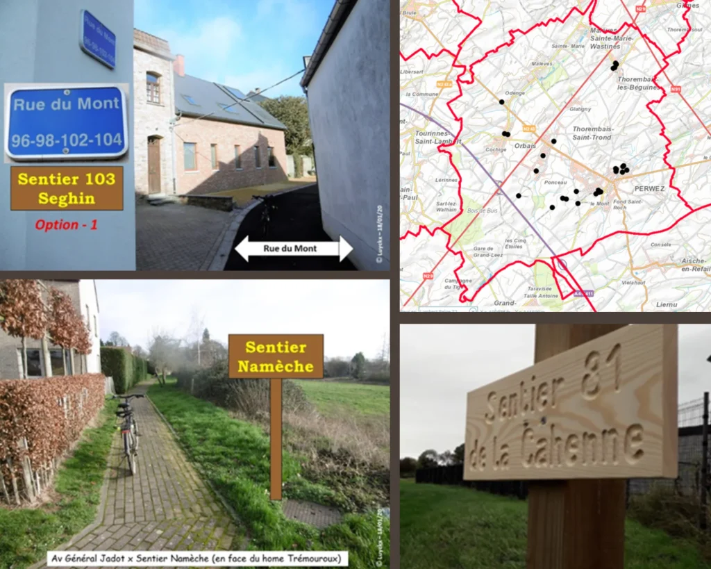 Photos de sentiers et d'une carte des sentiers à Perwez