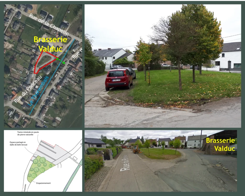 2 photos montrant une vue du ciel et un plan projeté du quartier du ponceau et 2 photos des routes sur place