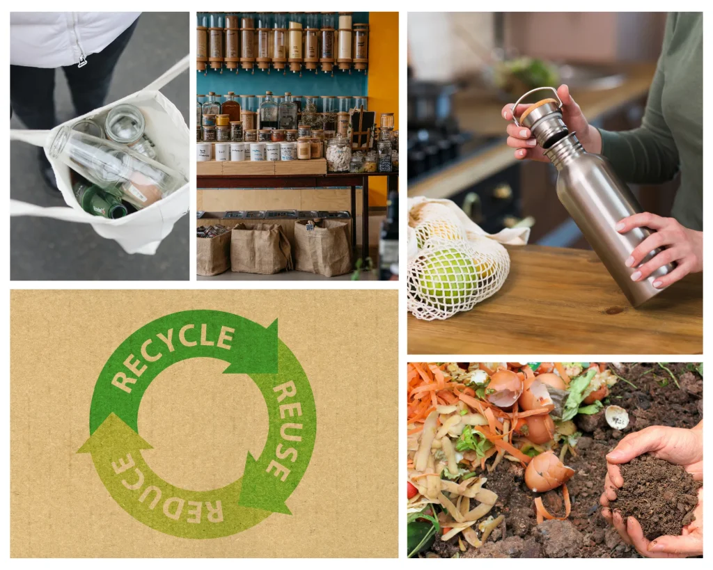 5 photos : une d'un sac reutilisable, une d'une gourde en inox, une de bocaux en verre, une de compost et un logo recyclage vert