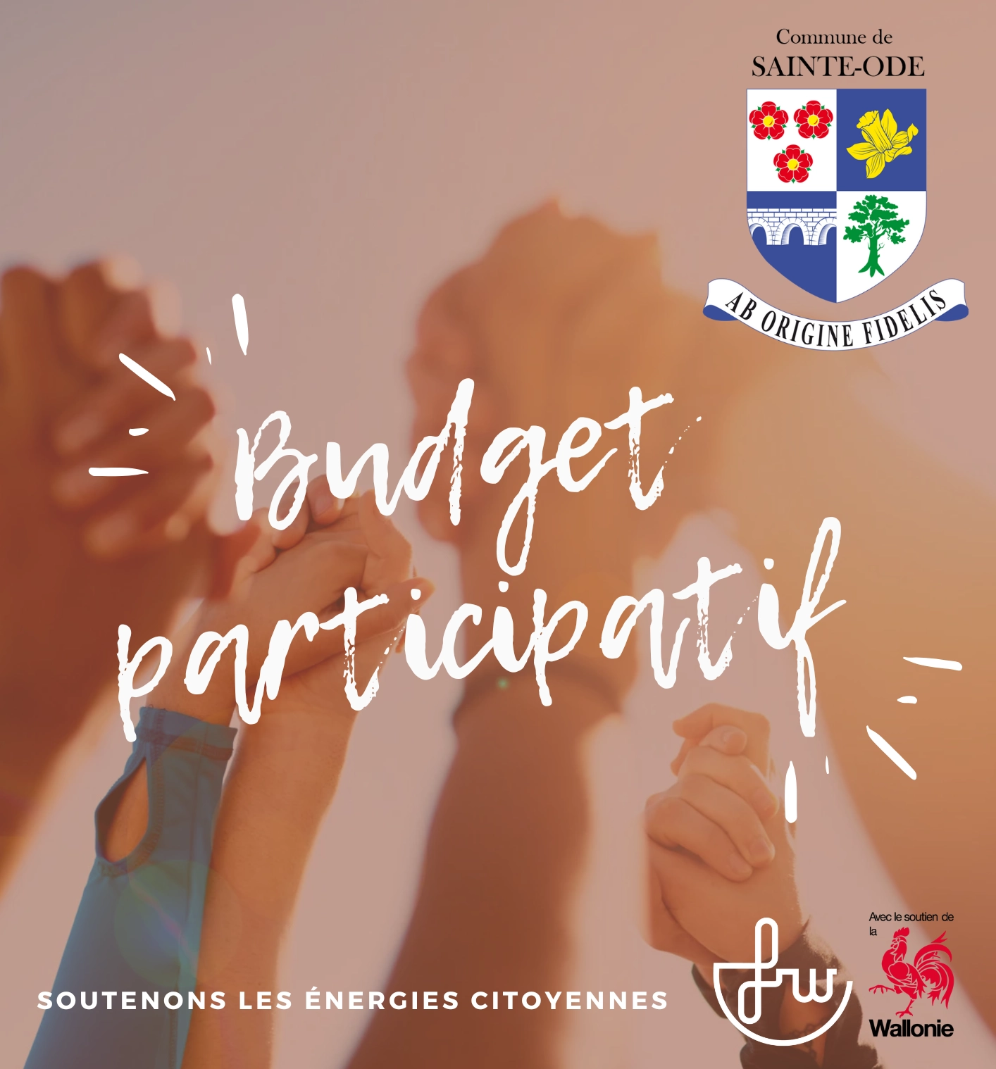 Affiche du budget participatif de la Commune de Sainte-Ode montrant plusieurs mains levées en signe de participation, avec le logo communal et les mentions “Budget participatif” et “Soutenons les énergies citoyennes”