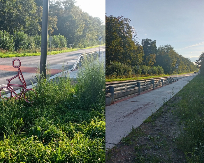 Nouvelle piste cyclable aménagée rue Martinsart à Sivry-Rance, longeant la route avec rambarde métallique et entourée de végétation. 
