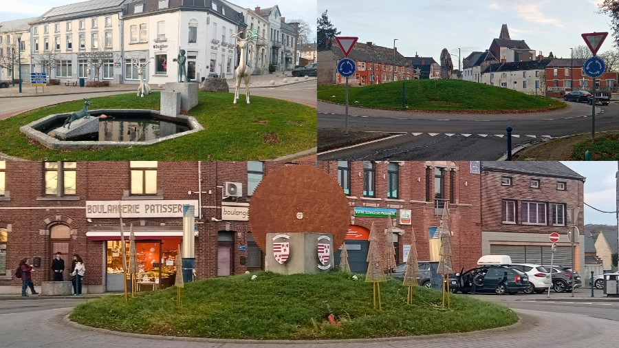 Vue des ronds-points de Rance dont les aménagements sont terminés, avec sculptures et espaces verts. Ces réalisations s’inscrivent dans le projet global de valorisation du cœur du village et des entrées de village.