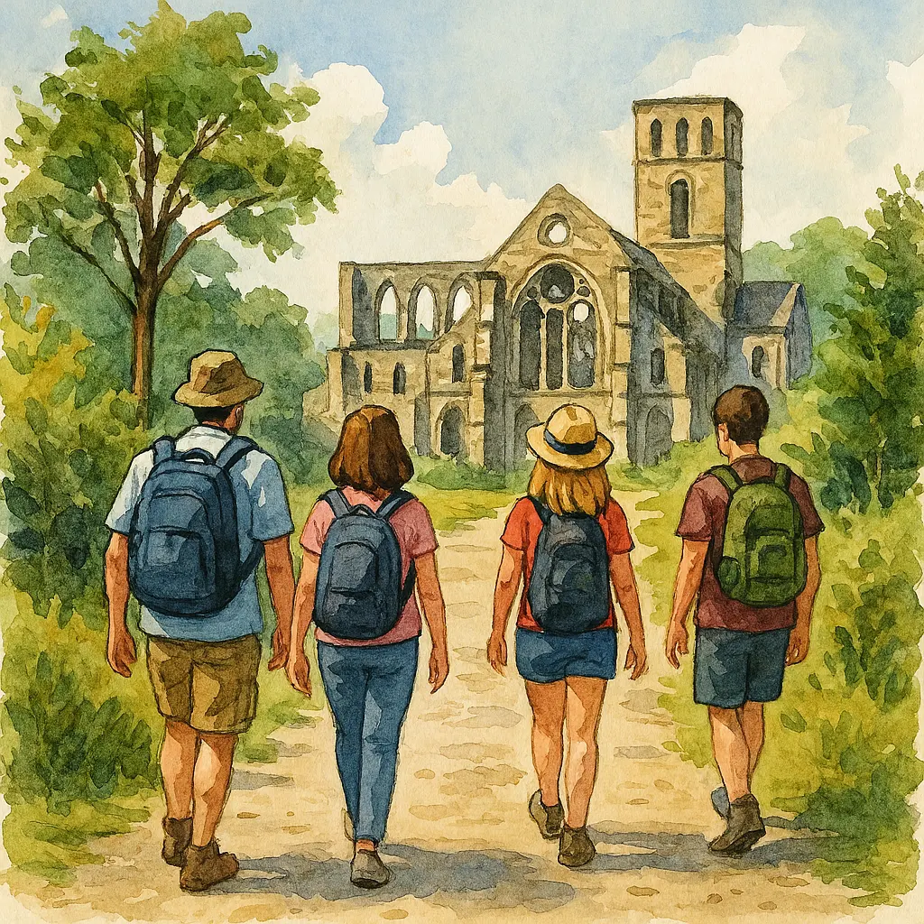 Illustration montrant quatre personnes marchant sur un chemin forestier en direction d’une grande abbaye en ruines, sous un ciel dégagé.