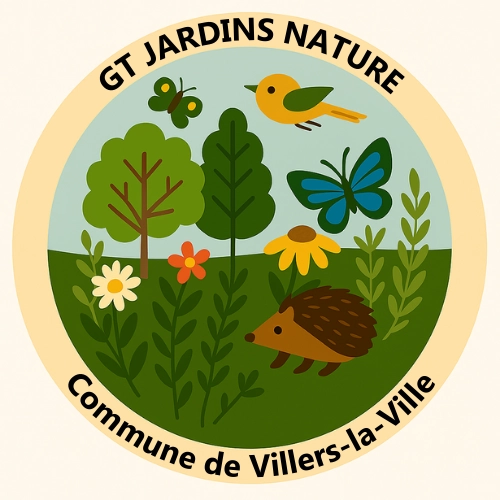  Logo circulaire représentant un jardin naturel avec arbres, fleurs, papillon, oiseau, hérisson et le texte “GT Jardins Nature – Commune de Villers-la-Ville"