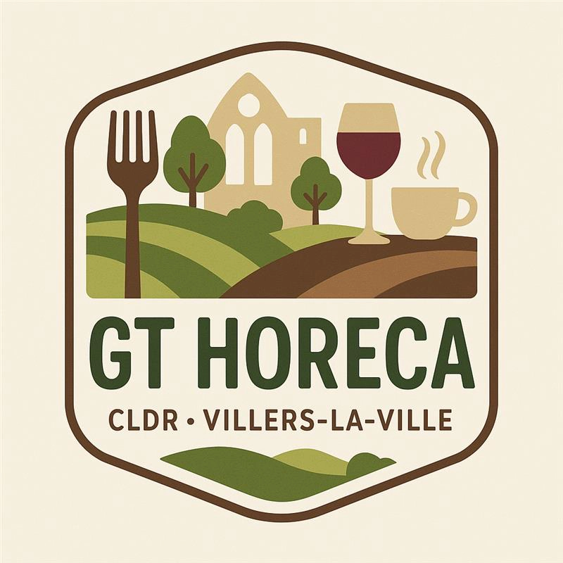 Logo du groupe de travail HORECA de Villers-la-Ville avec paysage rural et fourchette, verre de vin, tasse de café et l'abbaye de Villers dans l'arrière plan