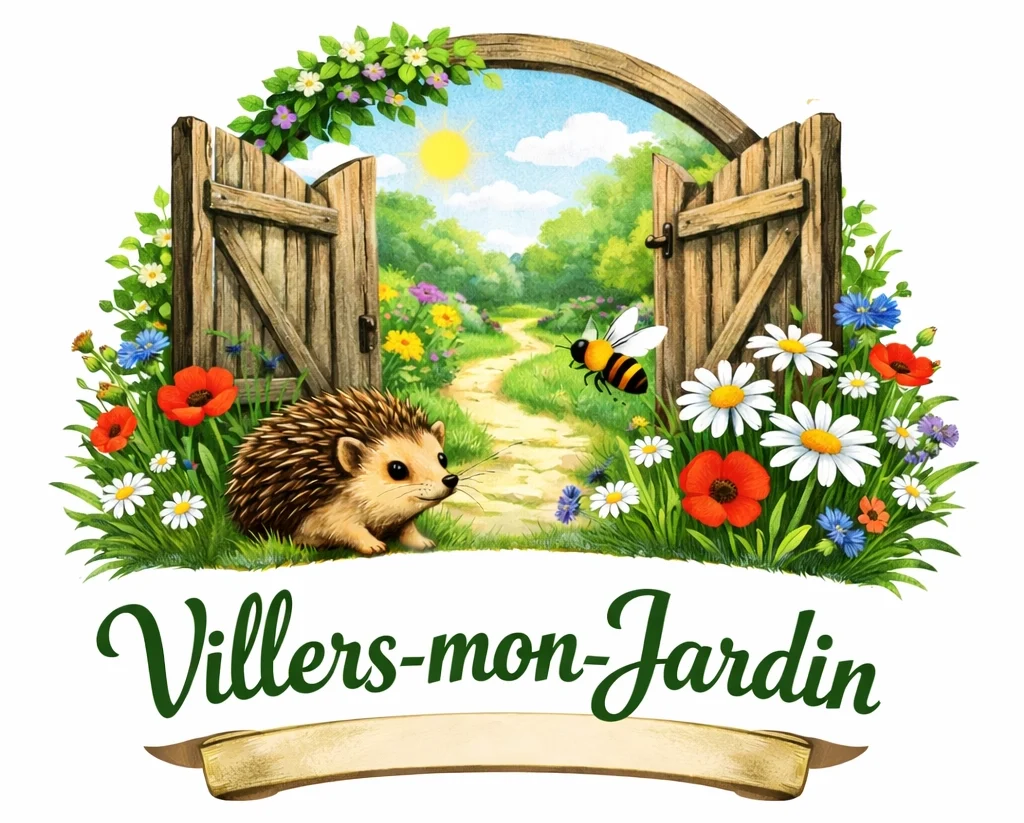Logo de l'évenement "Villers-mon-Jardin" organisé à villers la ville avec un hérisson, des fleurs et une barrière