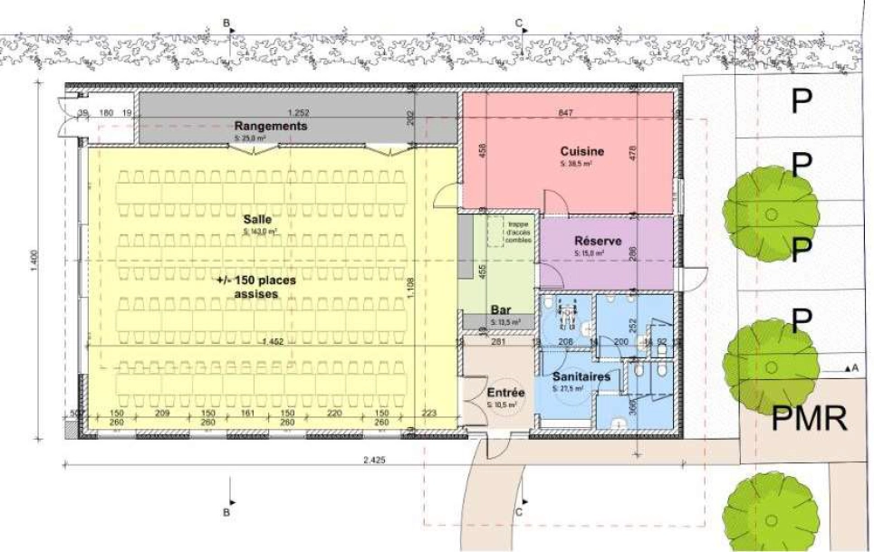 Plan de la future maison de village de Bohan. Avec une salle de 150 places assises, une cuisine, des espaces de rangement et des sanitaires. Les parkings extérieurs sont également représentés