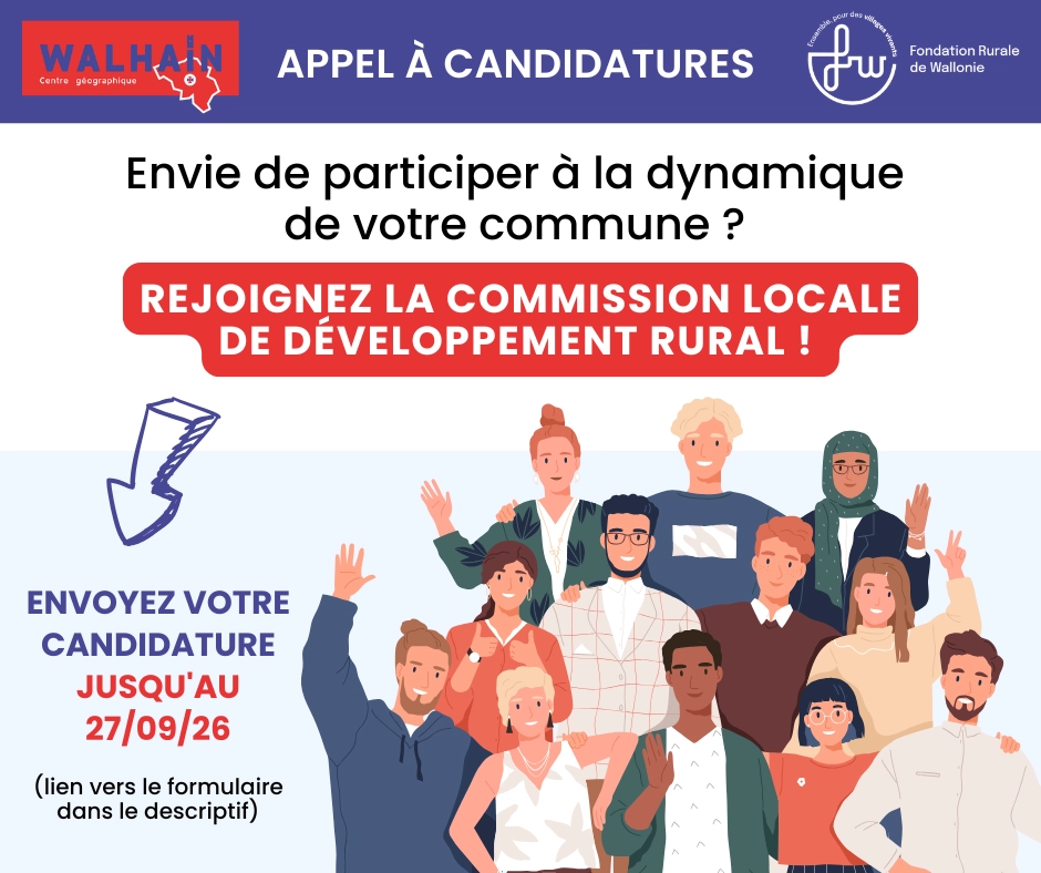 Visuel d'appel à candidatures pour la CLDR de Walhain. logo de la commune, écritures et groupe de personnes