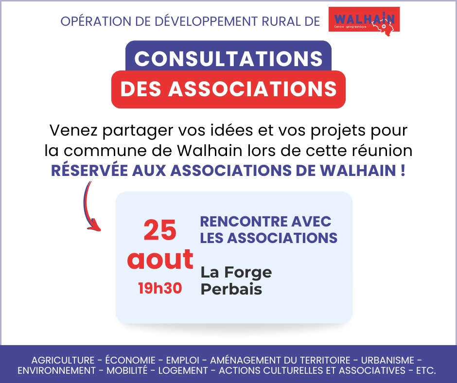 Affiche annonçant une consultation des associations de Walhain le 25 août à 19h30 à La Forge de Perbais, dans le cadre de l’Opération de Développement Rural.