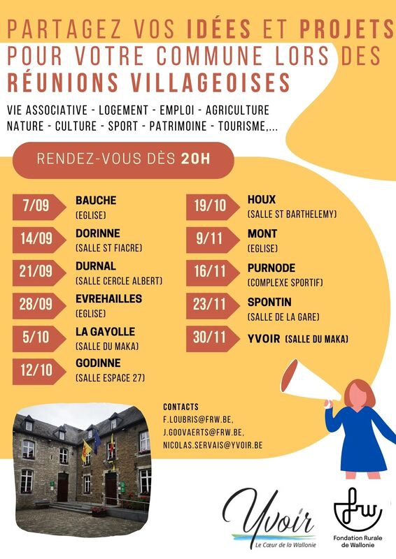  Affiche annonçant les dates et lieux des réunions villageoises pour partager idées et projets dans la commune d’Yvoir.