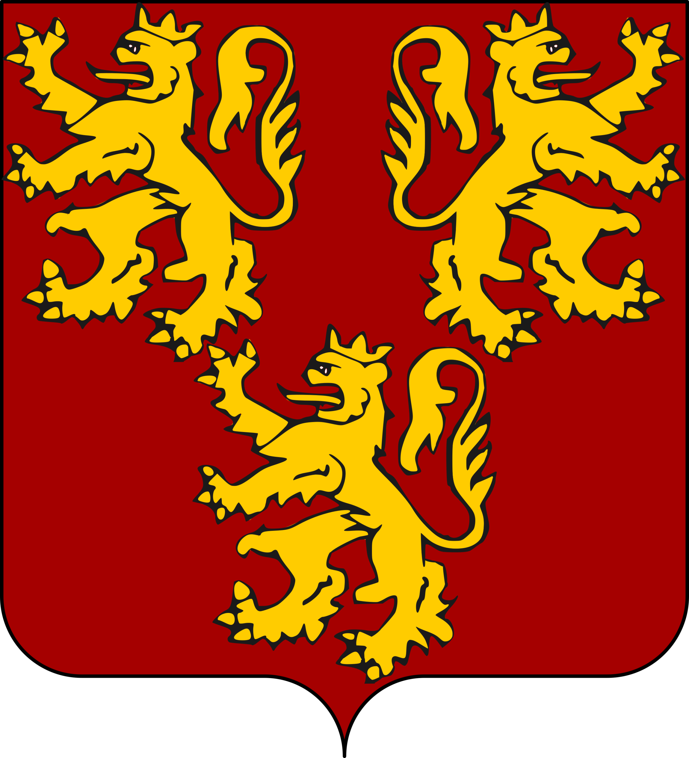 blason de la ville de Chièvres : De gueules à trois lions couronnés d'or, les deux en chef adossés