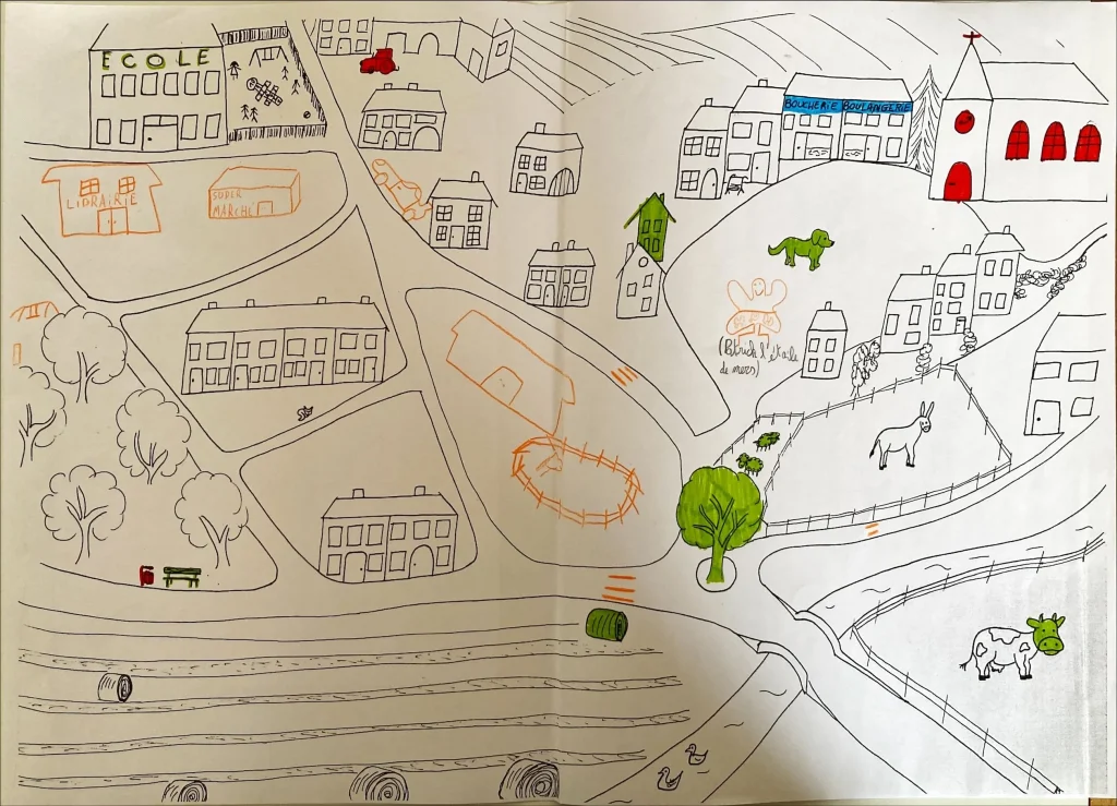 Dessin détaillé d’un village imaginé par des enfants, incluant bâtiments, zones de loisirs, animaux et routes.