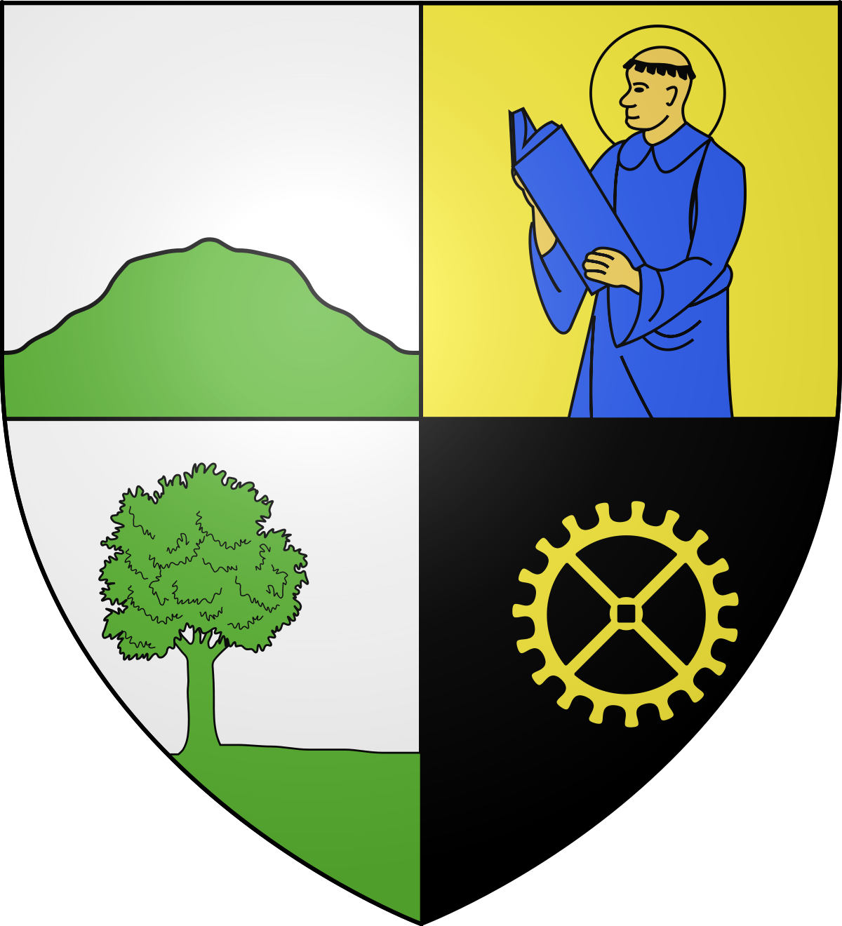 Blason de la commune de Court-Saint-Etienne : écartelé au premier d'argent à un mont de sinople, au deuxième d'or à un saint-Étienne de carnation vêtu d'azur et auréolé d'or, au troisième aussi d'argent à un arbre de sinople terrassé du même, au quatrième de sable à une roue dentée d'or.