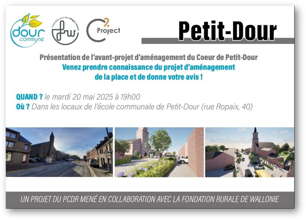 Invitation reprenant plusieurs visuels du projet de la place de petit-dour