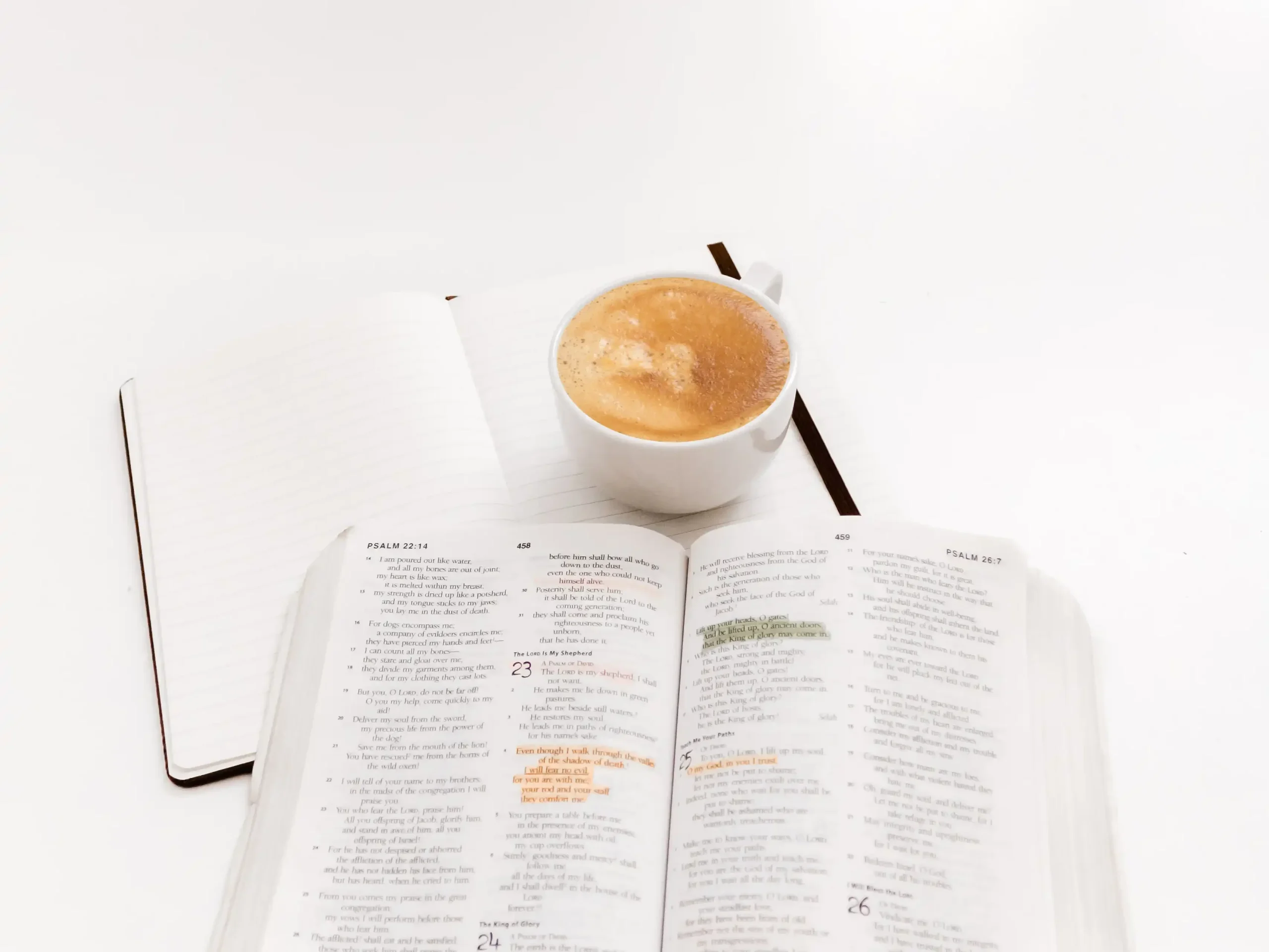 Livre ouvert avec notes à côté et tasse de café sur fond blanc minimaliste.