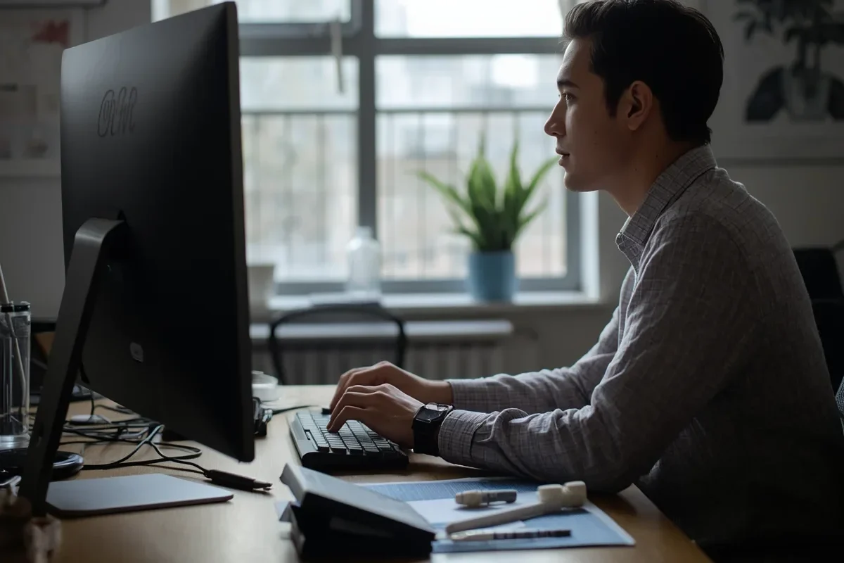Personne travaillant sur un ordinateur de bureau dans un espace intérieur lumineux.