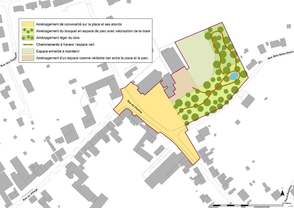 Schéma des aménagements envisagés pour la place de Meux de La Bruyère 