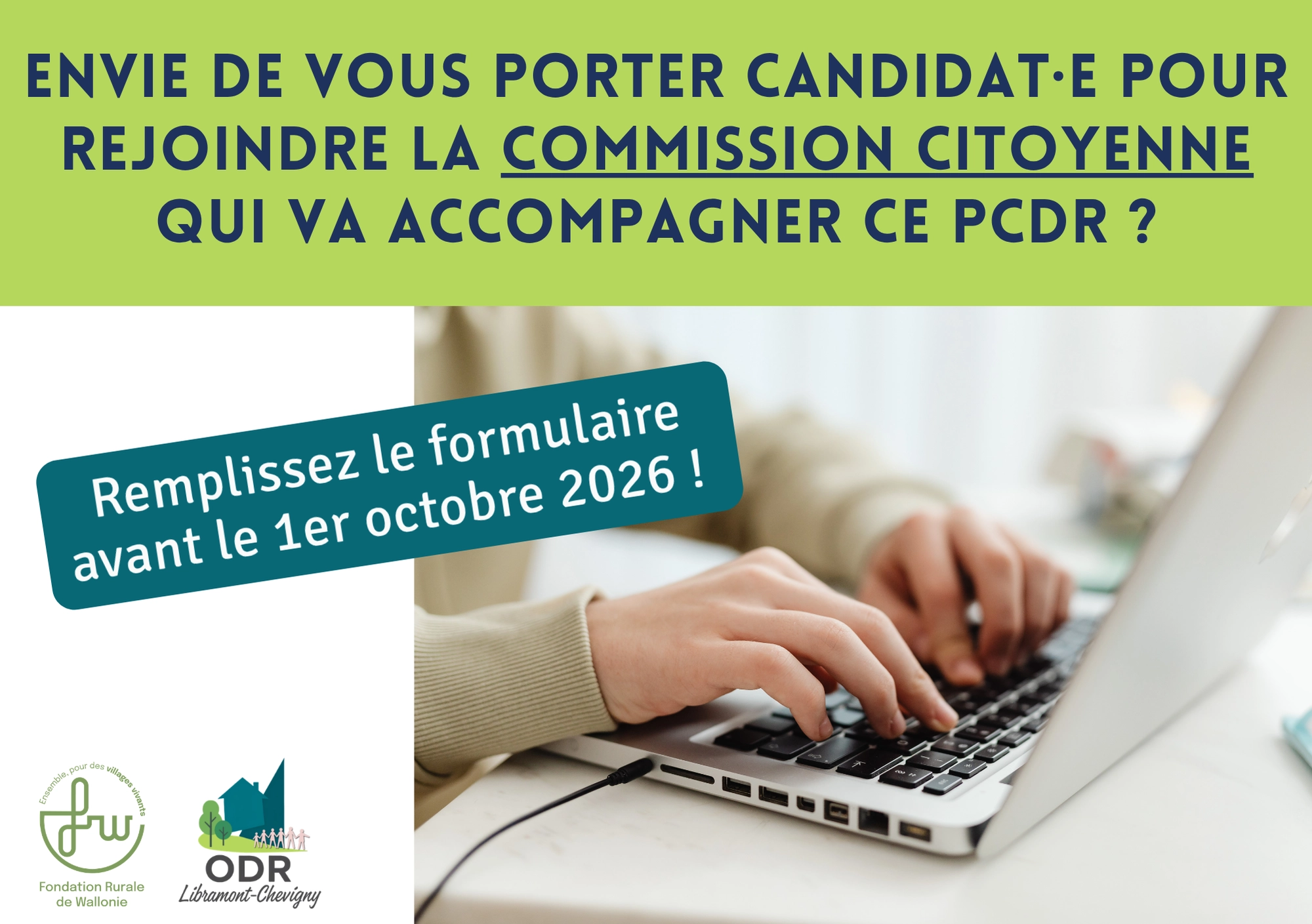 Affiche invitant les habitants à poser leur candidature pour rejoindre la commission citoyenne du PCDR. Le visuel montre une personne remplissant un formulaire sur un ordinateur portable, accompagné d’un rappel de la date limite de candidature fixée au 1er octobre 2026.