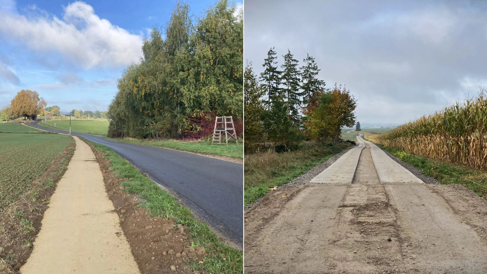 Comparaison de deux aménagements ruraux : à gauche, un chemin piéton le long d’une route de campagne ; à droite, une voirie agricole en béton au milieu des champs et des arbres.