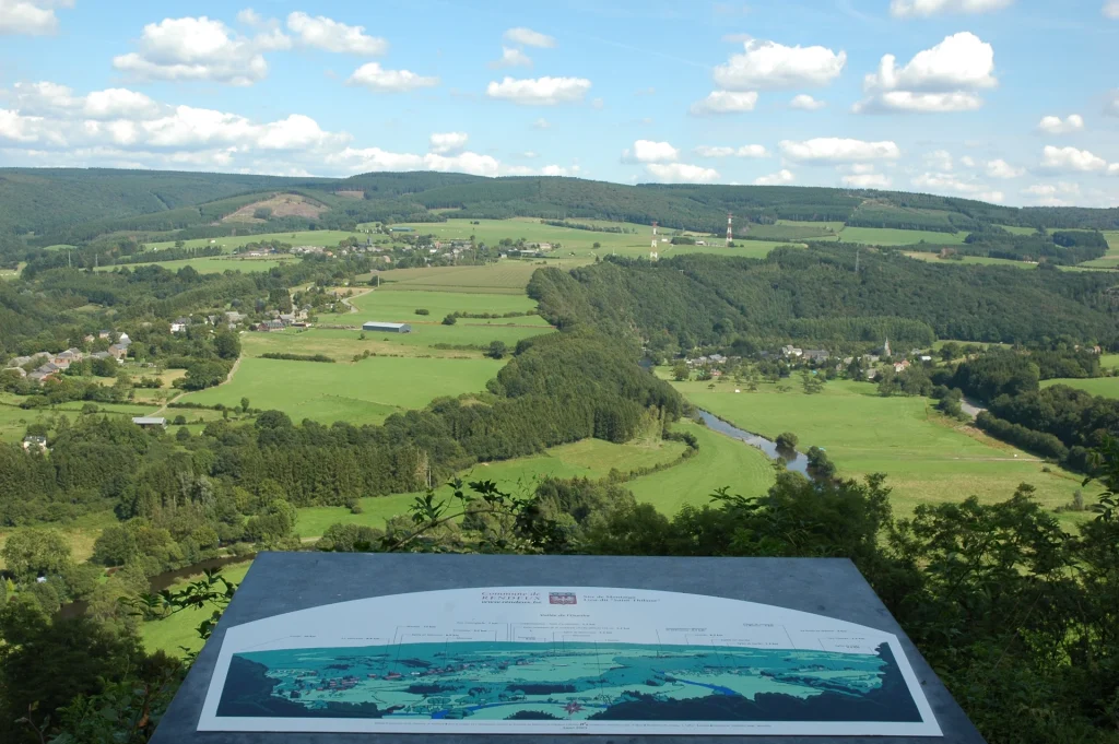 Vue panoramique sur la vallée verdoyante de Rendeux en Ardenne belge, avec collines boisées, prairies, villages dispersés et la rivière Ourthe serpentant au centre, sous un ciel bleu parsemé de nuages. Au premier plan, un panneau d’orientation illustré.