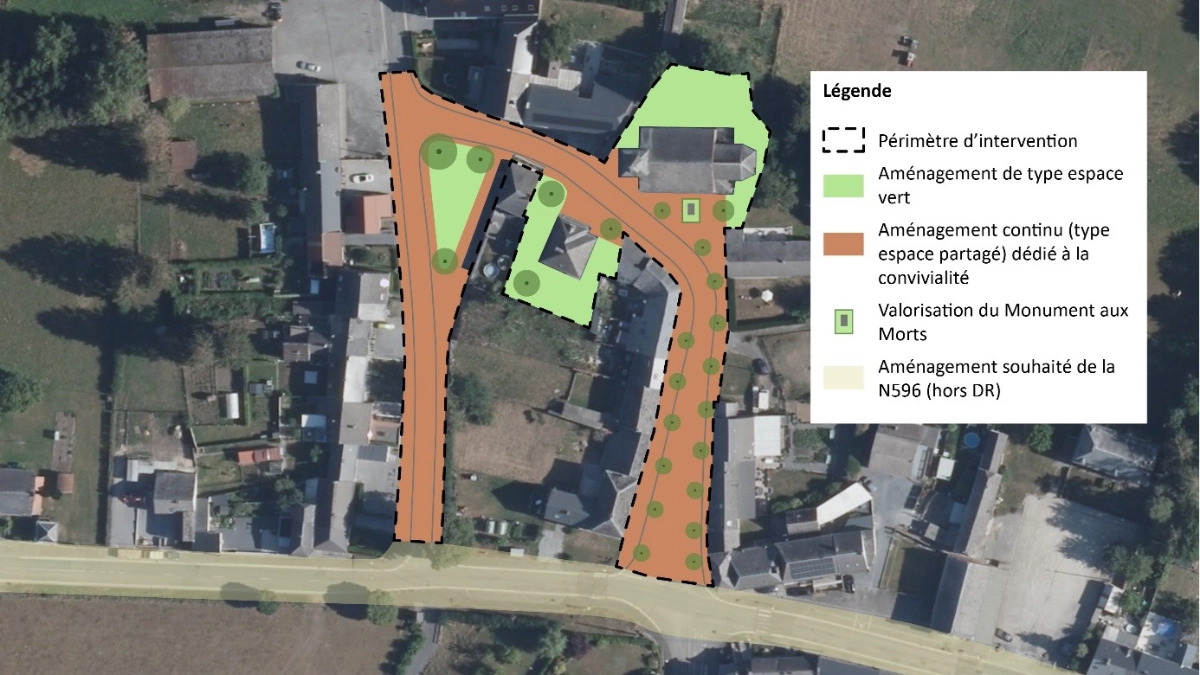  Schéma d’aménagement du futur centre de Grandrieu, montrant les zones vertes, l’espace partagé à revêtement continu et la valorisation du Monument aux Morts.
